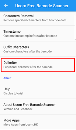 Android barcode scanner Ucom options delimiter